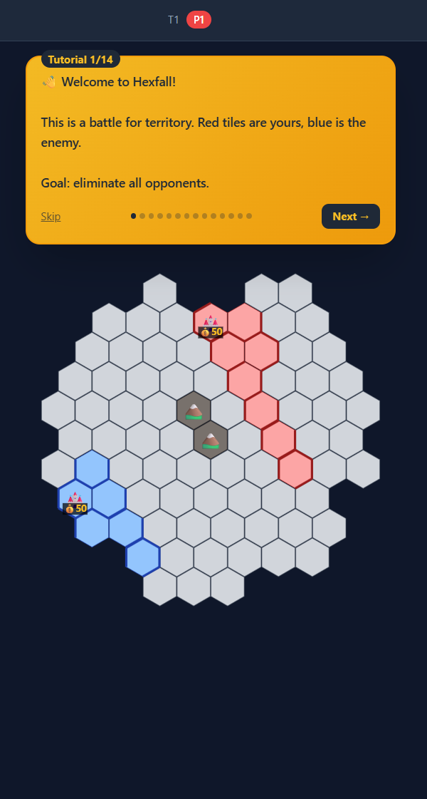 Hexfall tutorial step 1 of 14 — Welcome card with goal text, behind a hex board showing red player territory expanding into the upper-right and blue player territory in the lower-left, with capital tiles holding 50 gold each