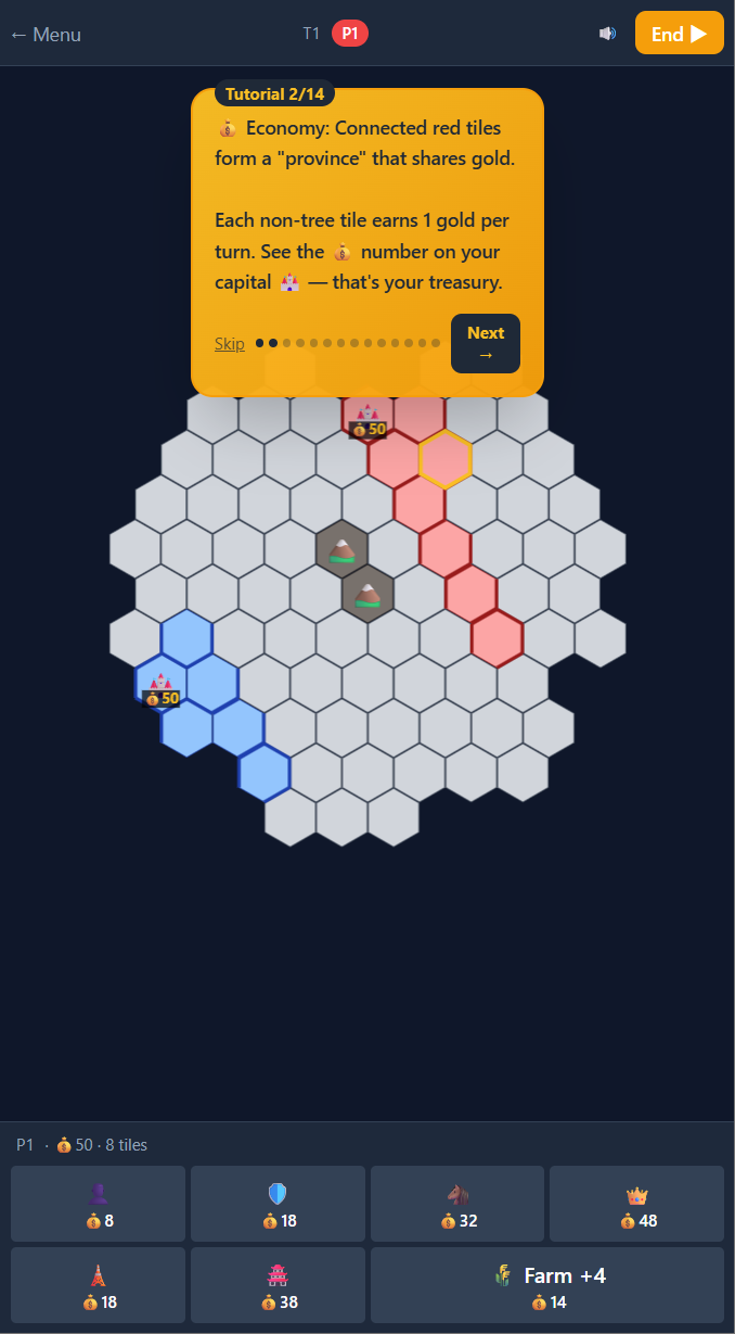 Hexfall tutorial step 2 of 14 — Economy explanation card describing how connected tiles form a province that shares gold, with the active board below and a HUD bar at the bottom showing unit price tags (8, 18, 32, 48, 18, 38) plus a Farm +4 income tile