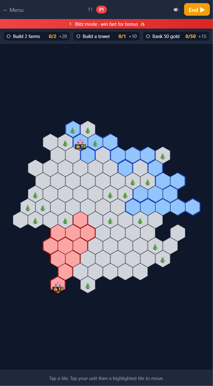 Hexfall Blitz mode mid-match — three bonus goal cards at top (Build 2 farms 0/2 +20, Build a tower 0/1 +10, Bank 50 gold 0/50 +15), with red and blue territories spreading on a larger procedural hex map dotted with tree tiles, and a hint at the bottom 'Tap a tile. Tap your unit then a highlighted tile to move'