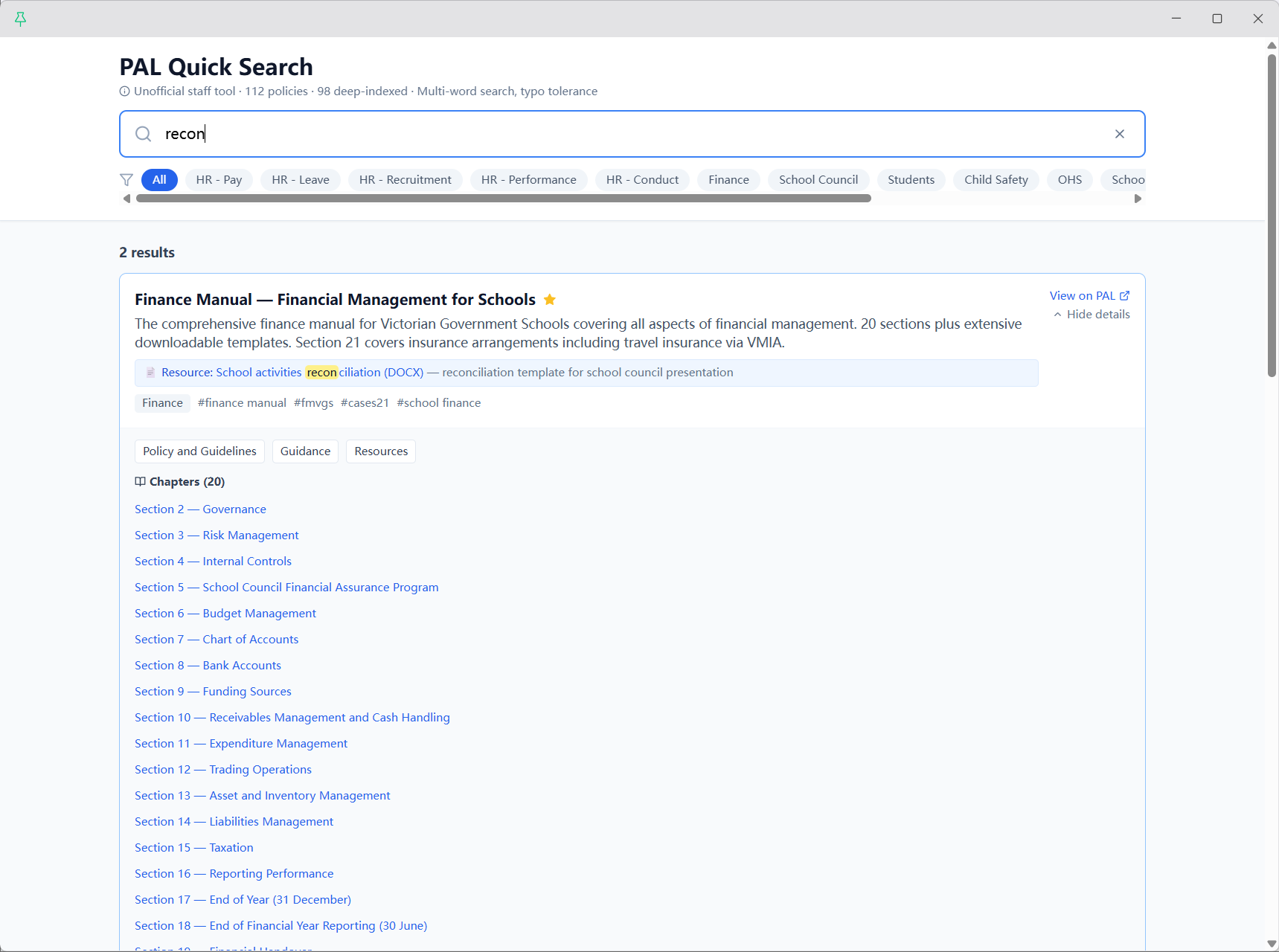 PAL Quick Search showing search query 'recon' with 2 results, the first being the Finance Manual expanded to show its 20 chapters list (Section 2 Governance through Section 18 End of Financial Year Reporting) plus a Resources card linking to the school council reconciliation template DOCX, Policy and Guidelines / Guidance / Resources type chips, and hashtag tags including #finance manual, #fmvgs, #cases21, #school finance