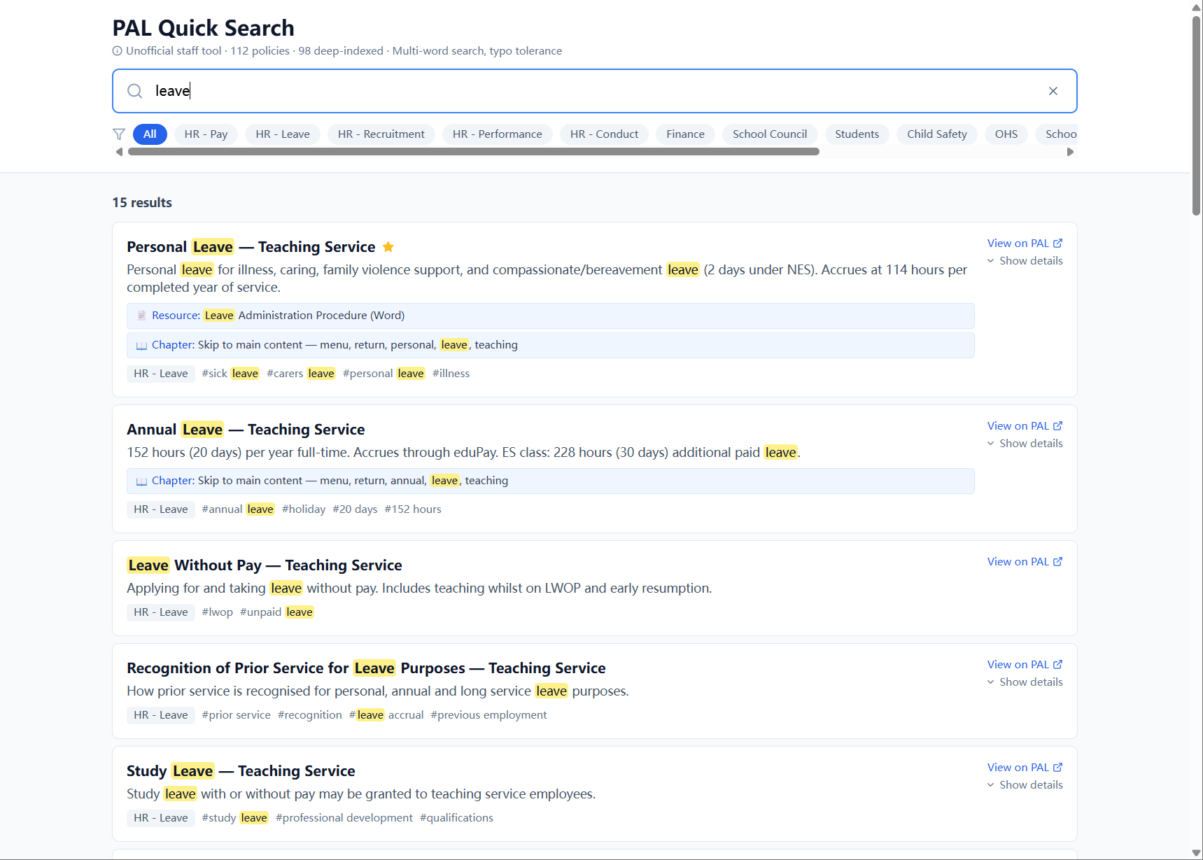 PAL Quick Search with search query 'leave' showing 15 results including Personal Leave, Annual Leave, Leave Without Pay, Recognition of Prior Service for Leave Purposes, and Study Leave — each result has the matched word highlighted in yellow throughout the snippet text and hashtag tags, plus expanded chapters and resource links