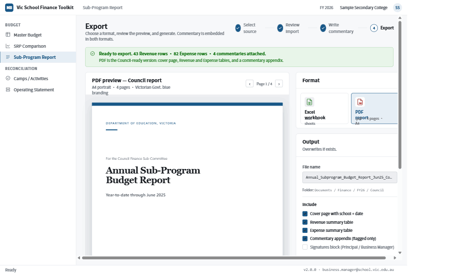 School Tool Sub-Program Report Export step. PDF preview pane on the left (DEPARTMENT OF EDUCATION VICTORIA branding, 'Annual Sub-Program Budget Report' title, 'Year-to-date through June 2025' subtitle, A4 portrait, 4 pages). Right sidebar with Format toggle (Excel workbook vs PDF report — PDF selected), Output section, File name field, Folder path 'Documents / Finance / FY26 / Council', Include checkboxes for Cover page with school + date / Revenue summary table / Expense summary table / Commentary appendix (flagged only) / Signatures block (unchecked).